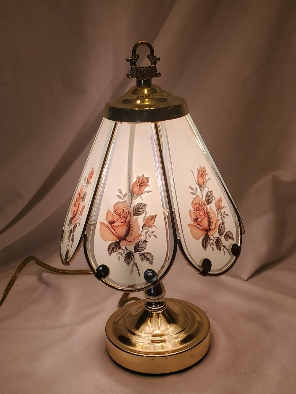Hexagon Brass Table Touch Lamp Vtg 2000 Peach Rose Glass Shade Budoir Desk Shelf